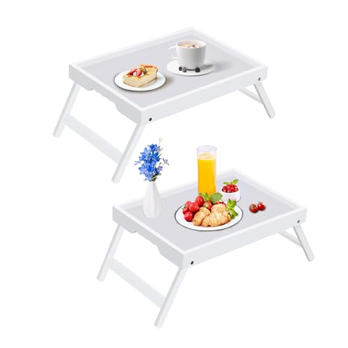 Bamboo Bed Tray Table with Foldable Legs, Breakfast in Bed Tray for Kitchen Serving Tray, Eating, Working, Drawing Tray (2 Pack, White) - color: White, size: Medium(Pack of 2)