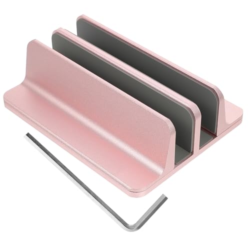 balacoo Aluminum Alloy Dual-Slot Laptop Stand Vertical Holder with Storage Rose Gold Desk Base for Home Office Use Compatible with Tablets and Notebooks