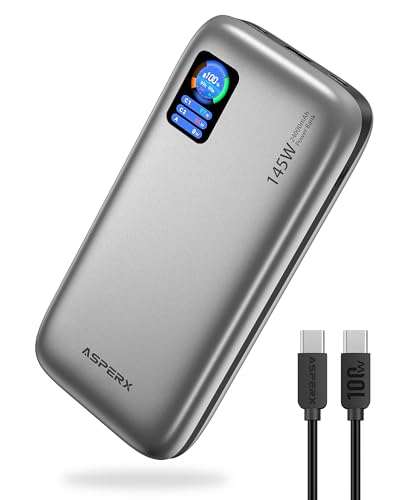 AsperX Laptop Power Bank, 145W USB C PD 3.1 Fast Charging Portable Charger | TFT Display Portable Laptop Charger Battery Pack for MacBook/iPhone 16/Dell XPS/Galaxy S25/Steam Deck/ipad (Flight-Approved) - color: Silver