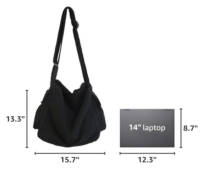 KlaOYer Canvas Messenger Bag Large Hobo Bag Crossbody Shoulder Bag Tote Bag with Pocket for Women and Men - color: Black 2