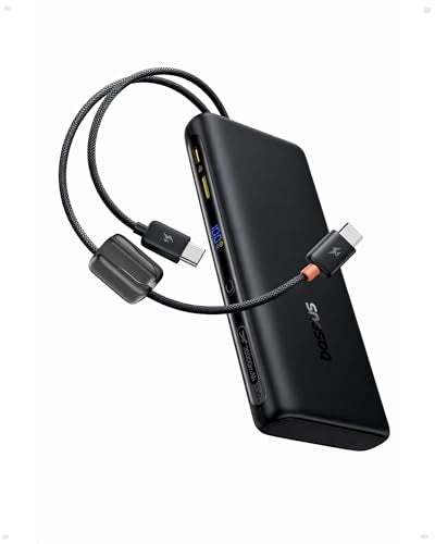 Baseus 100W Power Bank 20000mAh, Portable Laptop Charger with Built-in USB-C Dual Cables, Travel Essential PD QC Fast Charging for MacBook, iPad, iPhone 17/16, Samsung, Steam Deck, TSA-Approved - color: Dark Black
