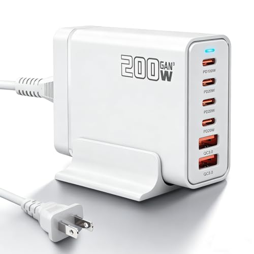 200W USB C Fast Charger, GaN Ⅲ PD 100W Charging Station, Upgraded 6-Port USB-C Fast Charging, Adapter for iPad iPhone 17 16 15 14 12, MacBook Pro, Samsung Galaxy