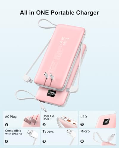 Portable Charger 10000mAh Power Bank w/Built-in 3 Cables & AC Wall Plug | 22.5W Fast Charging, Pass Through Charging, 0.68in Ultra Slim, TSA Approved, Travel Essential for iPhone/Samsung/iPad - color: Pink