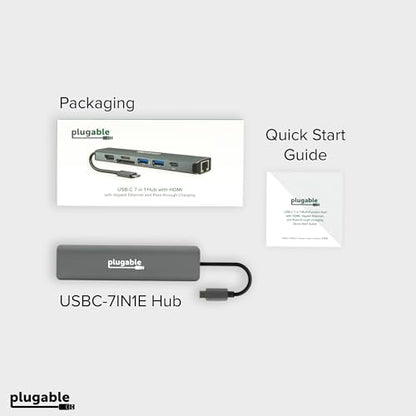 Plugable 7-in-1 USB C Hub Driverless Multiport Adapter with Ethernet, Single 4K60Hz HDMI, 100W Pass-Through Charging, 2X USB 3.0, SD/microSD, for USB-C, USB4, Thunderbolt, Mac, Windows, Chromebook