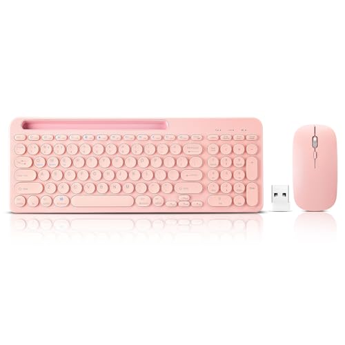 Wireless Keyboard and Mouse Combo with Phone Tablet Holder, Rechargeable Dual-Mode (Bluetooth 5.0 and 3.0 +2.4G) Multi-Device Silent Mouse for Windows, iPad, Tablet, MacOS,iOS,Android (Pink) - color: pink