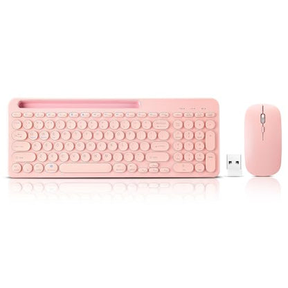 Wireless Keyboard and Mouse Combo with Phone Tablet Holder, Rechargeable Dual-Mode (Bluetooth 5.0 and 3.0 +2.4G) Multi-Device Silent Mouse for Windows, iPad, Tablet, MacOS,iOS,Android (Pink) - color: pink