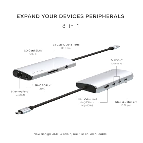 Satechi 8-in-1 USB-C Hub V3, 8K HDMI, 100W Charging, Ethernet, Silver | USB hub, 100W Charging, 4 USB Data Ports, Ethernet, SD Card Reader, for Mac and Windows, MacBook Air/Pro/Neo, iPad Air/Pro - color: Silver, size: V3