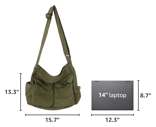 KlaOYer Canvas Messenger Bag Large Hobo Bag Crossbody Shoulder Bag Tote Bag with Pocket for Women and Men - color: Green