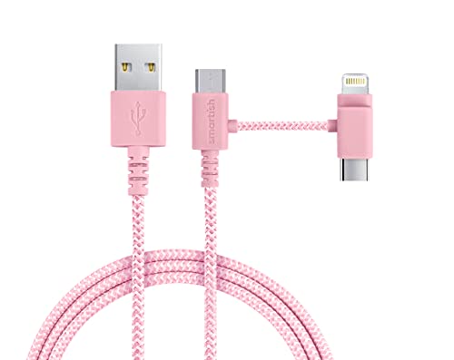 Smartish USB-C/Lightning Cable 17/16/16e/15/14 - Crown Joule - 6 Foot Universal Fast Fabric Wrapped Charging Cable w/Micro-USB - MFi Certified 13/12/SE/iPad/AirPods/Android - Pink - color: I'm Blushing, size: USB to USB-C/Lightning/Micro