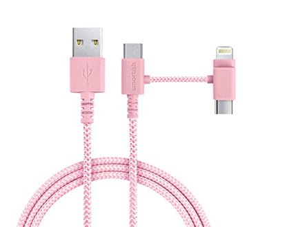 Smartish USB-C/Lightning Cable 17/16/16e/15/14 - Crown Joule - 6 Foot Universal Fast Fabric Wrapped Charging Cable w/Micro-USB - MFi Certified 13/12/SE/iPad/AirPods/Android - Pink - color: I'm Blushing, size: USB to USB-C/Lightning/Micro