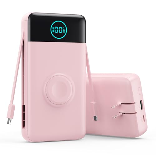 Portable Charger for iPhone, 40800mAh Power Bank with Built-in Cables & AC Wall Plug, 5 Outputs USB C Fast Charging External Battery Pack for iPhone 17/16/15/14, Android, Travel Essential (Pink) - color: Pink, size: 40800mAh