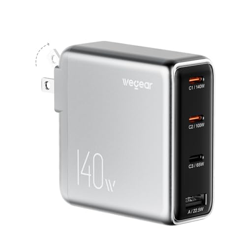 140W USB-C Charger for Laptop, wegear Slim 4-Port PD 3.1 GaN Fast Charging Block with Foldable Plug, Type‑C Wall Charger Power Adapter for MacBook Air/Pro, iPad, iPhone 17/16, Galaxy S25 (Silver) - color: Silver