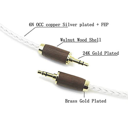 NewFantasia 3.5 mm Male to Male Stereo Audio Cable Headphone Audio Adapter 8 Cores 6N OCC Copper Single Crystal Silver Plated Walnut Wood Shell AUX Cord 3.5mm to 3.5mm Male 15cm/5.9inch