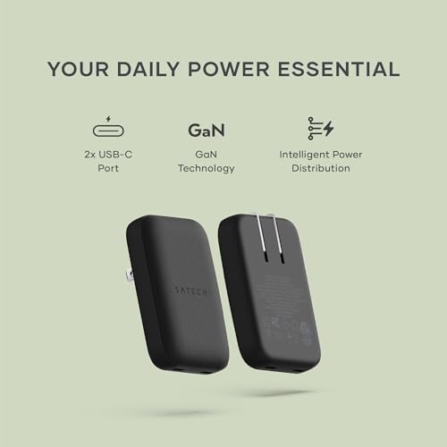 Satechi OntheGo 67W GaN Wall Charger, PD 3.0 + PPS, Dual USB-C Ports, Black | Dual USB-C ports, 45W+20W split-charging mode, fits MacBook, iPad, iPhone 17, Galaxy, Pixel, Steam Deck - color: Black
