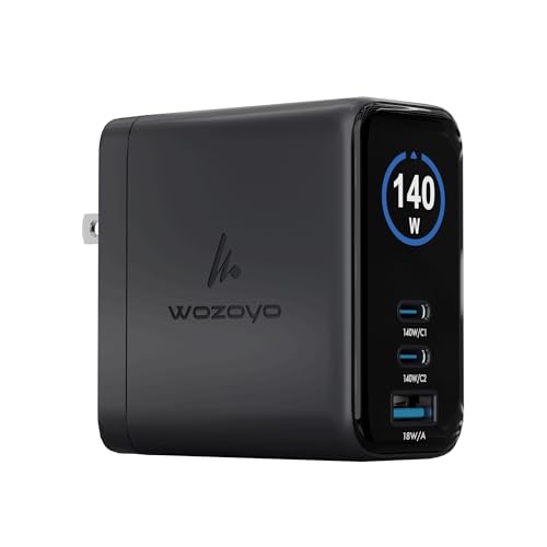 140W Smart LED Wozoyo GaN Charger, 2XType-C & USB-A Superfast 2.0 Charging, Compatible for iPhone 17/16/16 Pro Max/15 Series/iPad Pro, Smartphones, Tablets and More, PD/PPS/QC 3.0