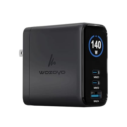 140W Smart LED Wozoyo GaN Charger, 2XType-C & USB-A Superfast 2.0 Charging, Compatible for iPhone 17/16/16 Pro Max/15 Series/iPad Pro, Smartphones, Tablets and More, PD/PPS/QC 3.0