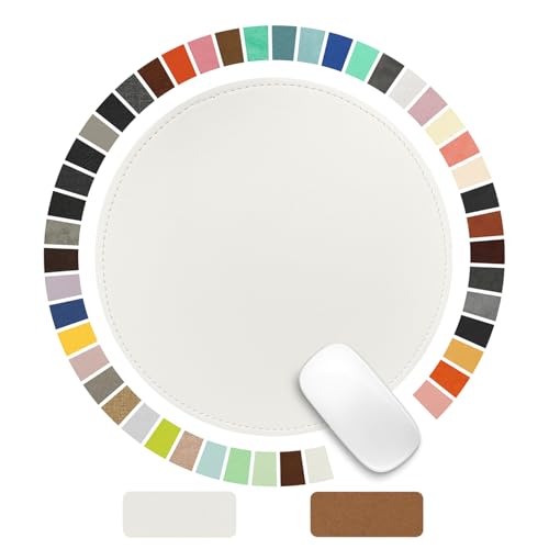 Mouse Pad，Round Mouse Pad，PU Mouse Pad，Leather Mouse Pad with Stitched Edge Micro-Fiber Base with Non-Slip Waterproof，Mouse Pad for Computers，Laptop，9 x 9 Inch (Lily White) - color: Lily white, size: 9L x 9W inches