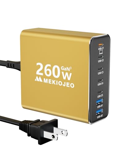 Aluminum Alloy 260W USB C Charger GaN Fast USB C Charging Station 7 Ports | 65W Laptop Charger for MacBook Pro/Air/iPad Pro/iPhone - color: Gold