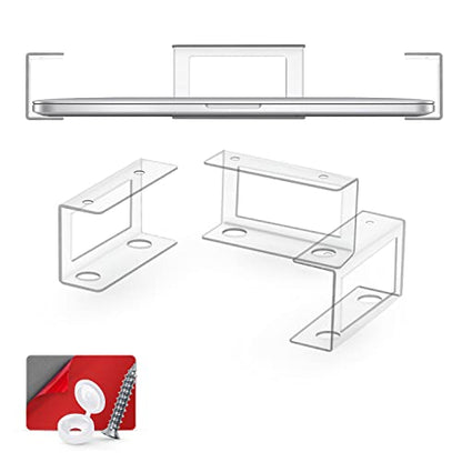 BRAINWAVZ Transparent Under Desk Laptop Holder Mount with Adhesive & Screw in, Devices Upto 1.8" Thick for Laptops, Macbooks, Surface, Cable Box, Routers, Keyboard, Modems, Network Switch & More - color: Transparent