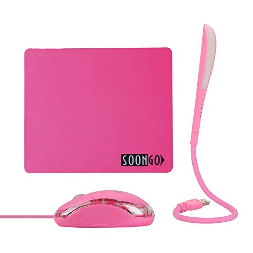SOON GO Pink Mouse and Pad USB LED Light 3 in 1 Gift Comb Kids Mouse for Laptop Home Office Travel - color: Light pink