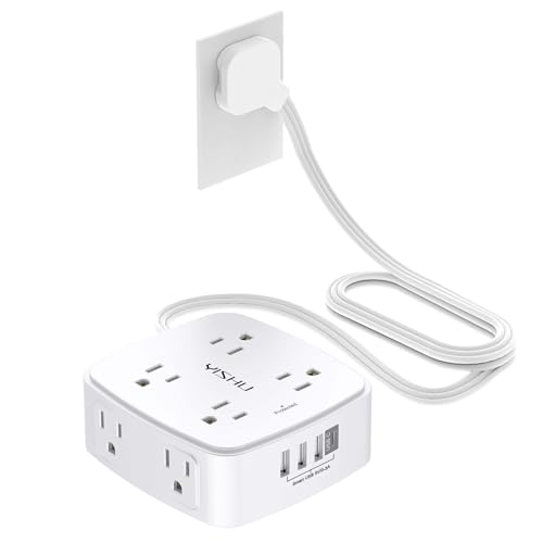6 Ft Surge Protector Power Strip - YISHU 8 Widely Outlets with 4 USB Ports, 3 Side Outlet Extender with 6 Feet Flat Extension Cord, Ultra Flat Plug, Wall Mount, Desk USB Charging Station, ETL, White - color: White(Flat Cord), size: 6 Ft