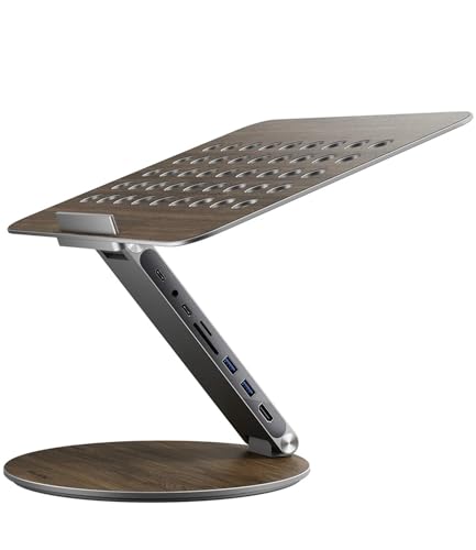 KU XIU Adjustable Laptop Stand with 7-in-1 Hub, Foldable Portable Aluminum Laptop Riser with 360° Swivel Base for Desk, Ergonomic Computer Notebook Stand Holder for All Laptops 10-17"-Gray (Wooden) - color: Wooden