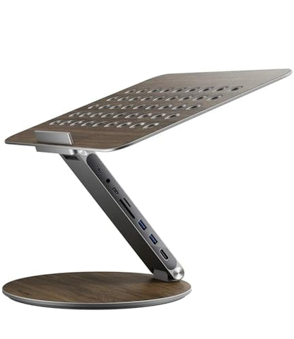 KU XIU Adjustable Laptop Stand with 7-in-1 Hub, Foldable Portable Aluminum Laptop Riser with 360° Swivel Base for Desk, Ergonomic Computer Notebook Stand Holder for All Laptops 10-17"-Gray (Wooden) - color: Wooden