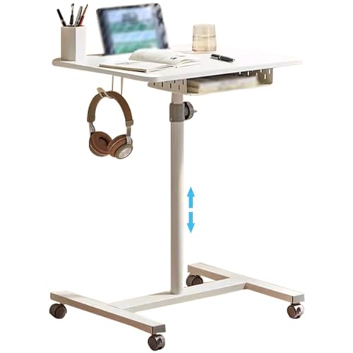 Portable Bedside Table with Drawer, Standing Desk with Wheels, Height Adjustable Laptop Desk, Movable Sofa Side Table, Easy to Install(White) - color: White