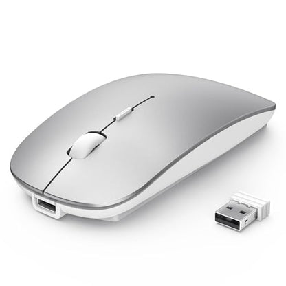 TECKNET Bluetooth Wireless Mouse, Rechargeable Silent Portable Computer Mouse, 6 Adjustable DPI, Dual Mode (Bluetooth 5.2/3.0 and 2.4G USB Receiver) for Laptop, iPad, MacBook, PC, Desktop, Android - color: silver