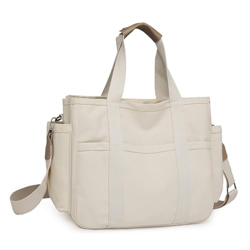 Eagerrich Canvas Crossbody Tote Bag with Multi Pockets for Women Work Large Handbags Shoulder Bag Messenger Bag Travel Purse - color: White