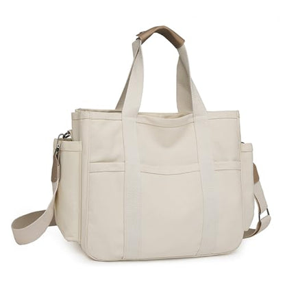 Eagerrich Canvas Crossbody Tote Bag with Multi Pockets for Women Work Large Handbags Shoulder Bag Messenger Bag Travel Purse - color: White
