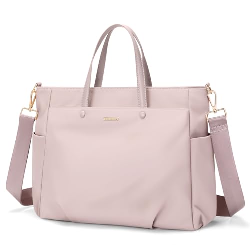 15.6 Inch Laptop Tote Bag for Women, Lightweight Nylon Work Shoulder Bag, Water-Resistant Computer Handbag with Pockets for Business Travel & Commute (Pinkish Grey) - color: Pinkish Grey, size: 15.6 Inch