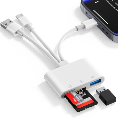 SD Card Reader for iPhone iPad Mac, 3 in 1 Memory SD Card Adapter, USB C & Lightning & USB-A Digital Camera Adapter to iPhone with SD/MicroSD/USB OTG Slots, High-Speed Plug & Play for Computer Laptop