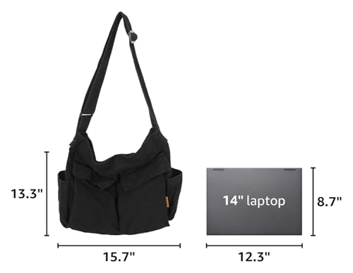 Canvas Messenger Bag Large Hobo Crossbody Bag with Multiple Pockets Casual Shoulder Tote Bag for Women and Men - color: Black