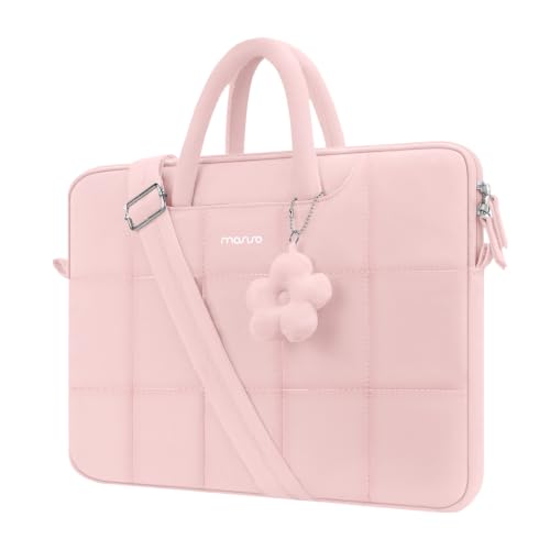 MOSISO Laptop Bag 16 inch, 15-15.6 inch Puffy Laptop Sleeve Compatible with MacBook Pro 16/Air 15,HP Acer Dell Lenovo Notebook, Messenger Briefcase Quilted Bag with Trolley Sleeve&Flower Pendant, Pink - color: Pink