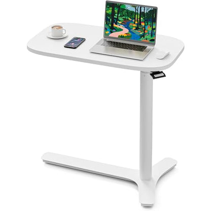 Muvai Overbed Bedside Table with Hidden Casters,30 Inches Adjustable Height Pneumatic Mobile Laptop Standing Desk, Rolling Computer Table for Home & Hospital Use ，White 30" W x 17.7" D - color: White