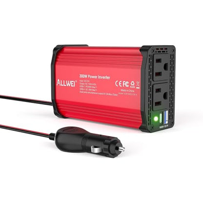 ALLWEI 300W Power Inverter DC 12V to 110V AC, Compact Car Plug Adapter Outlet with 65W PD USB-C &18W USB-A Fast Charging, Cigarette Lighter Adapter Car Charger for Phone, Laptop on Road Trip - color: PD65W-Red
