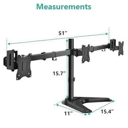 WALI Freestanding Triple Monitor Stand for 13-27 inch Screens，22lbs per Arm | Articulating 3 Monitor Desk Mount, Full Motion with Tilt, Swivel, Rotation, C-Clamp & Grommet Base, VESA 75/100mm (MF003N) - size: Triple, style: Steel Free Stand