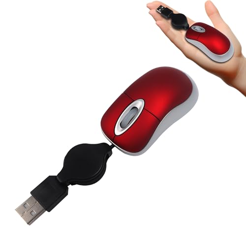 Wired Mouse Small Pocket Compact Computer Mice with Retractable USB Cord 3 Buttons Tiny Portable Travel Optical USB Corded Mouse for PC Laptop Computer Desktop Kids Girls Boys Adults Women Gift (Red) - color: Red