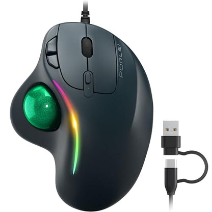 Wired Trackball Mouse with RGB Lighting, Ergonomic Thumb Control to Reduce Muscle Strain, 5 Adjustable DPI, Dual USB-C & USB-A Connectivity, Compatible with PC, Laptop, Mac, Windows-Green - color: F-Green