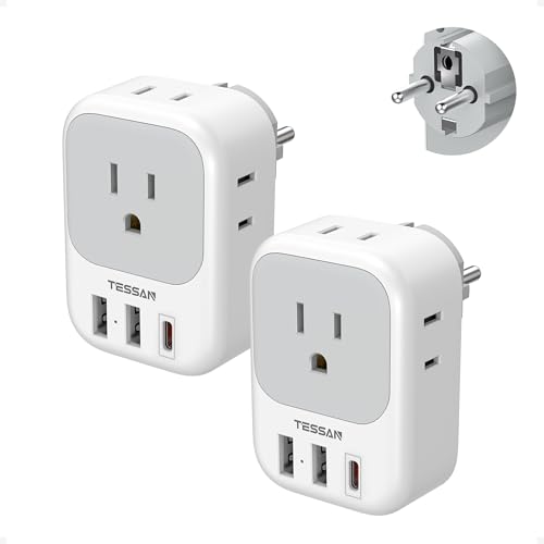 TESSAN 2 Pack Type E F Plug Adapter, Schuko Plug | 3 USB Charger (1 USB C PD 20W), 4 Outlets, Germany France Power Travel Adaptor - color: White grey-Type E/F