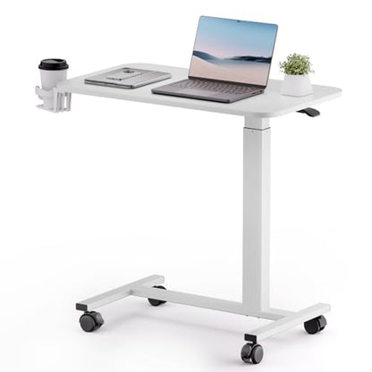 COMHOMA Adjustable Overbed Bedside Table with Lockable Wheels, Pneumatic Mobile Standing Laptop Desk, Small Standing Desk Portable Rolling Overbed Table Hospital Home Use(28" W x 16" D, White) - color: White, size: Small