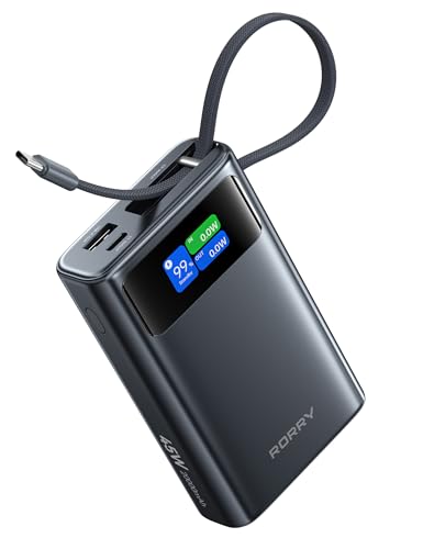 RORRY 45W Portable Charger, 20000mAh Power Bank, iPhone Battery Pack | Fast Charging, Extended Built-in USB C Cable, Smart Display, For iPhone 17/16/15, Galaxy, Pixel, iPad, Travel Essential - color: Dark Gray