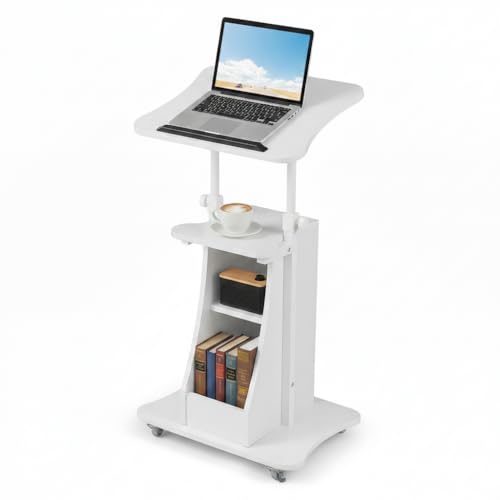 Tangkula Mobile Lectern Podium, Height Adjustable Podium Stand, Standing Sit-to-Stand Desk, Rolling Cart Laptop Desk with Swivel Top Movable Wheels & Storage - color: White, size: 20" x 16" x 44"