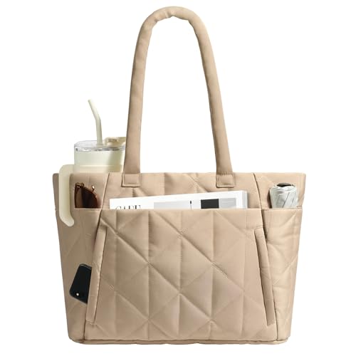 CHUNLI Laptop Tote Bag for Women 15.6 Inch, Quilted Work Shoulder Bag with Multiple Pockets & Luggage Strap for Office Travel - color: Khaki