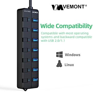 USB hub,7 Port USB 3.0 Hub,VEMONT USB Splitter with Individual On/Off Switches and Lights, 4ft/1.2m USB HUB Long Cable, USB Extension for Laptop and PC Computer