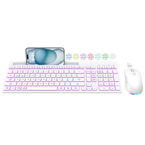 Wireless Keyboard and Mouse Combo, 7 Backlit Effects, Light Up Letters, Rechargeable, Phone Holder, 6 Button Mouse, Ergonomic Tilt Angle, 2.4GHz Silent USB Keyboard Mouse for Laptop, PC - color: White
