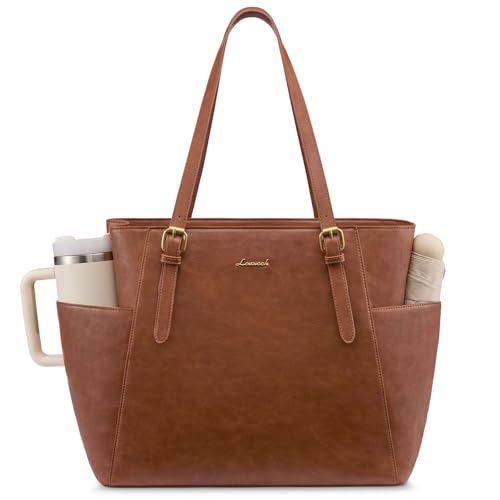 LOVEVOOK Laptop Tote Bag for Women,Leather Work Computer Briefcase Bag | Large Cup Holder,17.3 Inch Work Tote,Professional Briefcase,Teacher Commuter Shoulder Bag,Office,Travel,Gift - color: Vintage Brown, size: 17.3 Inch