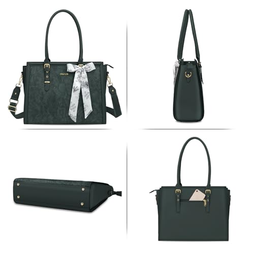 MOSISO Laptop Bag for Women, 17-17.3 inch PU Leather Tote Bag | Compatible with MacBook, HP,Dell, Front Embossed Retro Hibiscus Computer Bags with Silk Scarf&Clutch Purse, Emerald Green - color: Emerald Green, size: 17.3 inch