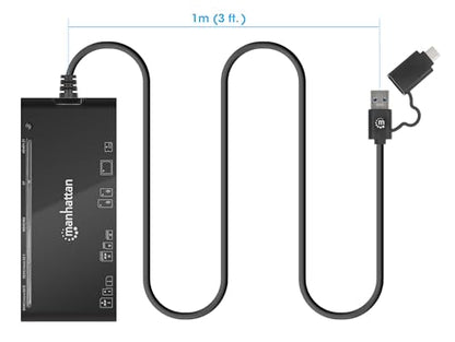 Manhattan 7 in 1 USB C & USB A Combo Multi Card Reader – Long 3 ft Cable – 5Gbps USB 3.0 - SD, TF, CF, Micro SD, XD, MS - Multiple Adapter Hub – 3 Yr Mfg Warranty – 102605 | Seven-slot flash media dock with Type-C and Type-A plugs, SuperSpeed transfers, 3